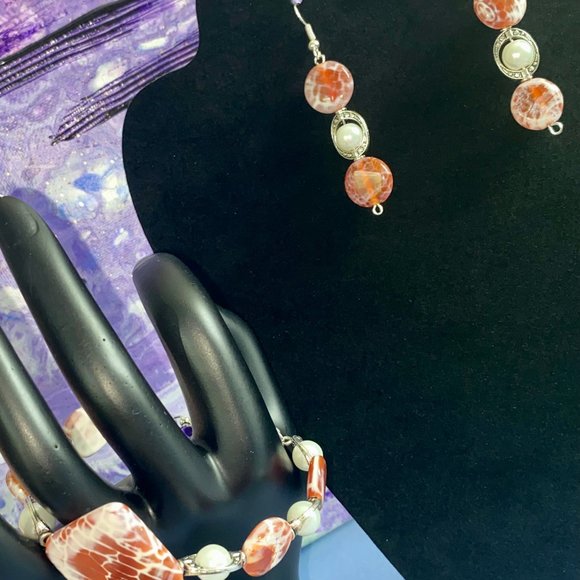 "Silver Diamond Orange Agate" Jewelry Set – Bracelet & Earring Pearl Bead - Picture 5 of 6